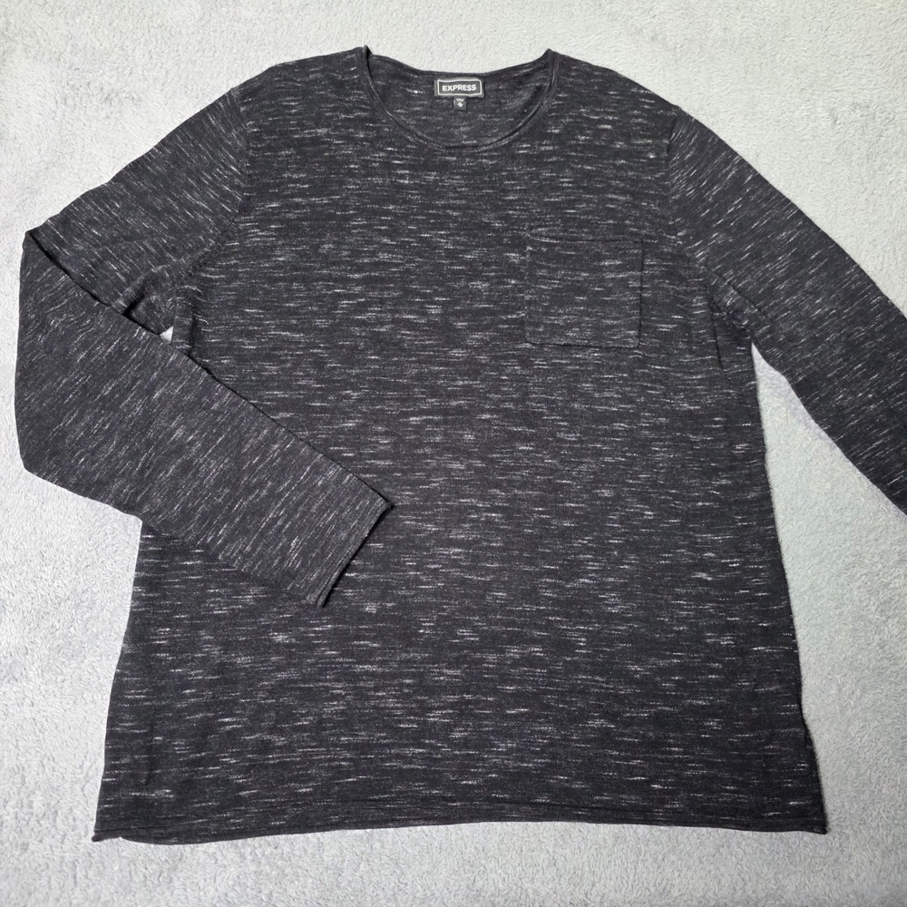 Express Mens XL Sweater Black White Space Dye Crew Neck Pocket Long Sleeve